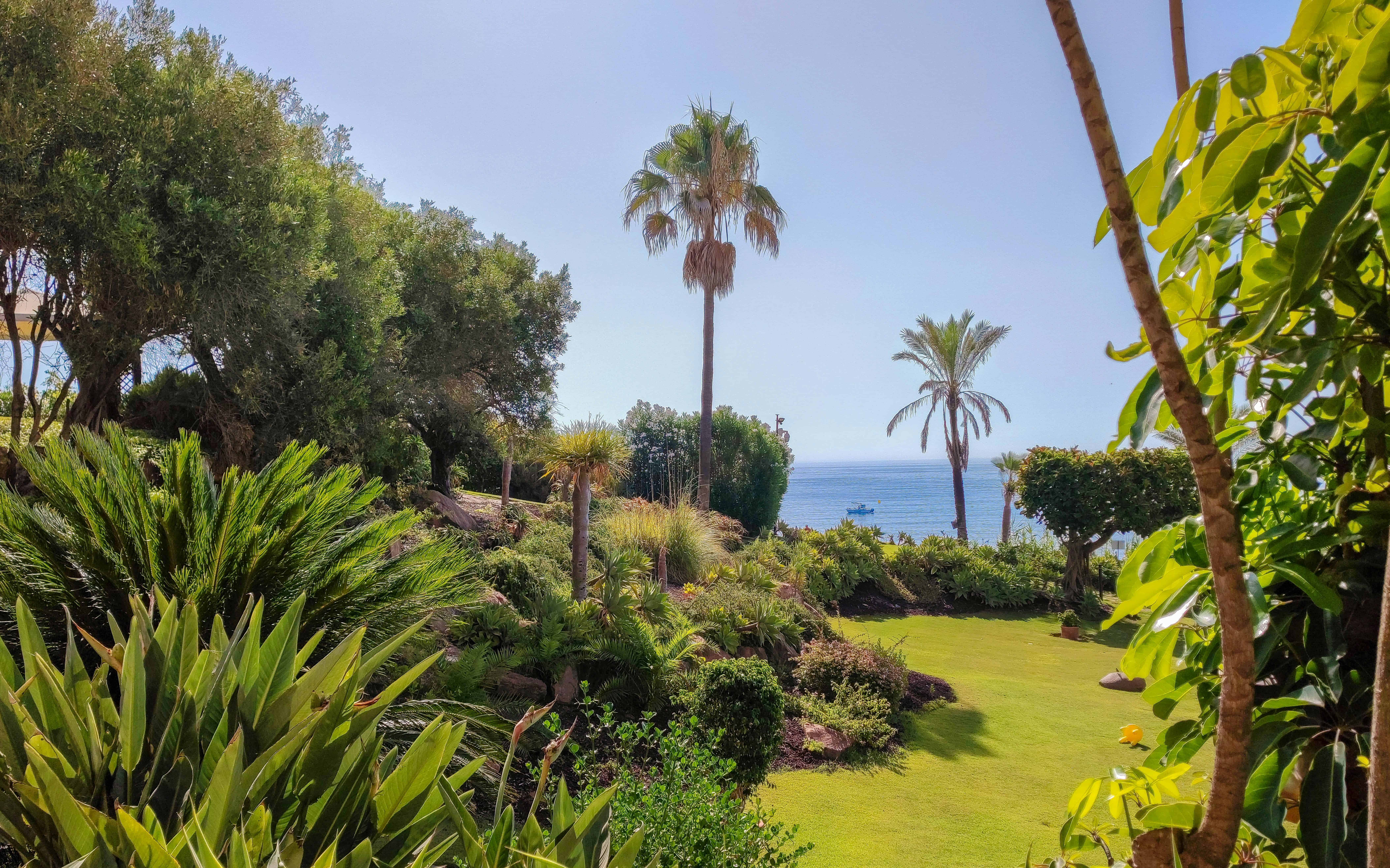 Tuin met palmbomen en uitzicht op de zee in Estepona.