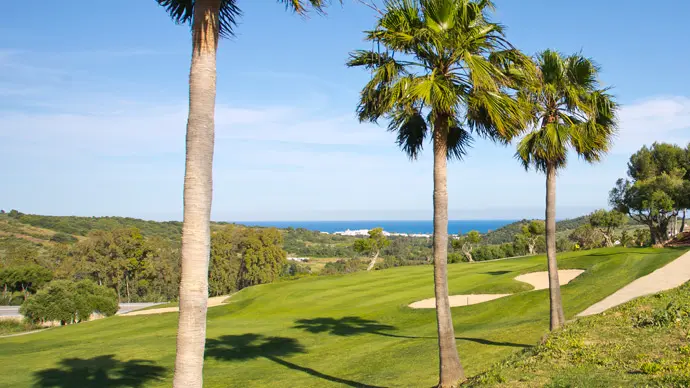 Golfbaan met palmbomen en uitzicht op de oceaan in Estepona.